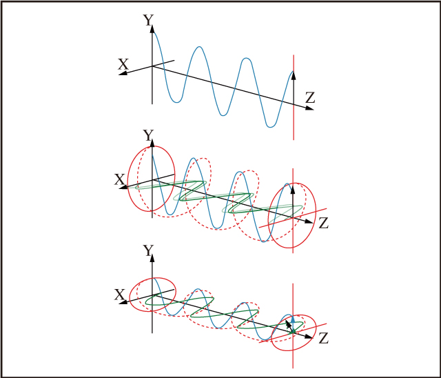 図10　直線偏光の電場方向は伝搬方向に沿った単一面に制限されるのに対し，円偏光の電場方向は振幅の大きさが等しく，かつπ/2の位相差を持つ2つの直交成分で構成される。楕円偏光の電場方向は，どの振幅条件でも成り立ち，かつ0かπ/2以外の位相差を持つ2つの直交成分で構成される