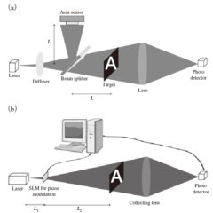 図1　（a）スペックル照射を用いたゴーストイメージングの概念図，（b）計算機ゴーストイメージングの概念図