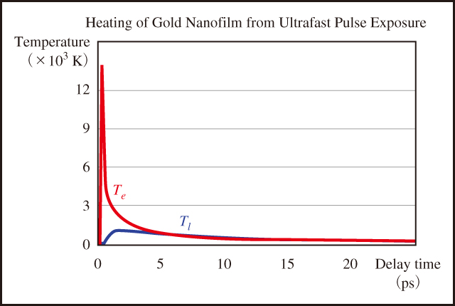 図16　中心波長800 nmの0.2 J/cm2，10 fsの超高速レーザーパルス励起により生じる電子（赤線）と格子（青線）の時間別温度推移。格子温度の上昇に起因する金のナノフィルムの加熱はレーザー誘起損傷の始まりとなる