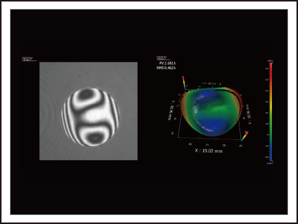 図7　テストビームと参照ビームによって増加的干渉を引き起こす明るいエリアと減殺的干渉を起こす暗いリングを映し出す干渉計のサンプル画像（左）と，その結果得られた被検オプティクスの3D再構築画像（右）