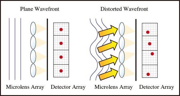図10　SHWFSに入射する光に波面誤差があると，検出器アレイ上での各焦光スポットのポジションが変位する