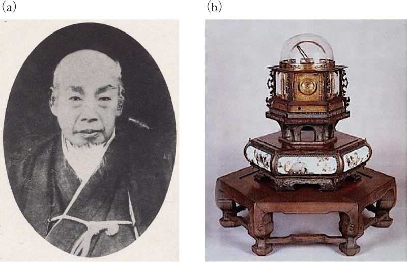 図1　（a）田中久重の写真と，（b）万年自鳴鐘（1851年作） 出典：（a）国立国会図書館「近代日本人の肖像」（https://www.ndl.go.jp/portrait/）より （b）文部科学省ホームページ（https://www.mext.go.jp/）より